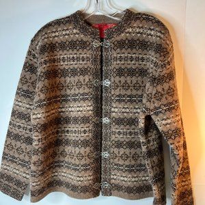 SKYR Wool Cardigan Sweater Petite Medium Pewter Clasp Brown Nordic 100% Wool